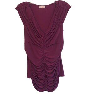 Burgundy‎ Ruched V-Neck Top Sleeveless Blouse Womens Casual Elegant